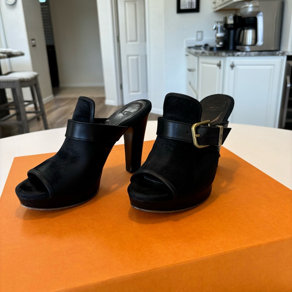 UGG black suede, slip on shoes , heels, size 6.5,